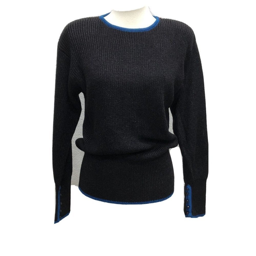 Liz Claiborne Womens L Pullover Sweater Black Blue Sparkle Metallic 80s Crewneck